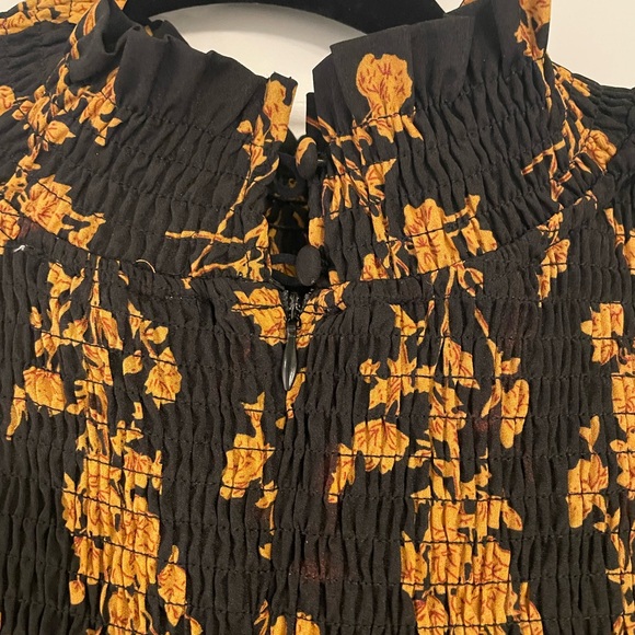 THML Floral Black and Mustard Smocked Mock Neck Women's Blouse, Medium - Picture 5 of 7